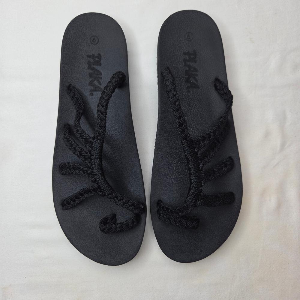 Plaka Seashell Black Woven Rope Strappy Slide Sandals Womens Size 9 Hand-Woven